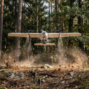 Fighter VTOL aircraft hovering above a small concrete landing pad with visible dust and heat distortion, demonstrating vertical takeoff and landing capability without a runway.