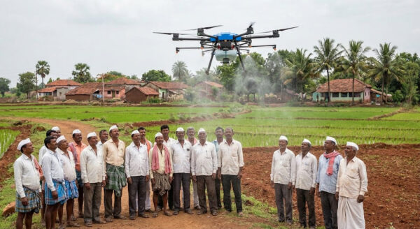 Farmer using a drone in a sugarcane field