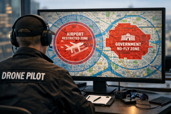 Drone pilot reviewing a digital map highlighting drone no fly zones in urban airspace